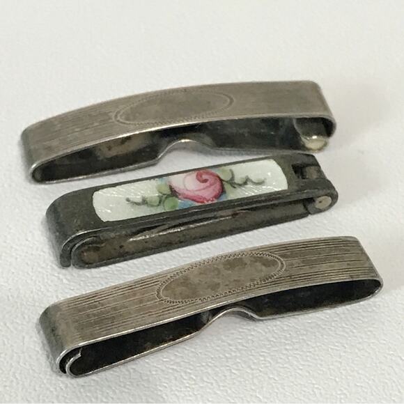 Vintage Guilloche Sterling Silver Enamel Hand Painted Rose Barrette Lot Set of 3 main image 9
